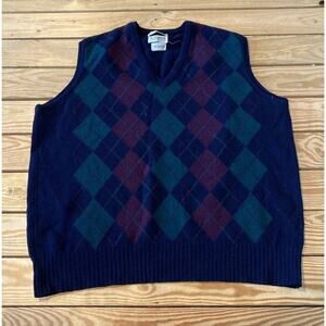 Paul Stuart Argyle Scotland Lambs Wool V Neck Intarsia Vest Sweater XL Mens Navy